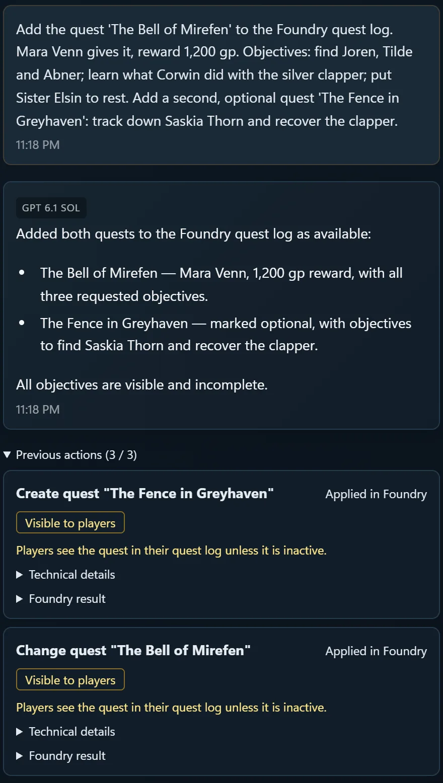 Enhanced DM chat after a request for two quests: the answer sums them up, and the action list shows each quest created in Foundry