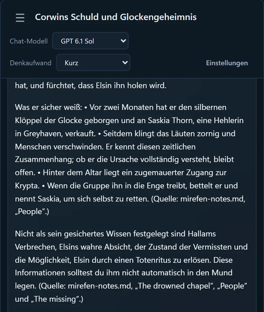 Chat von Enhanced DM beantwortet, was der Küster Corwin über eine verfluchte Glocke weiß, mit Verweisen auf die hochgeladenen Kampagnennotizen