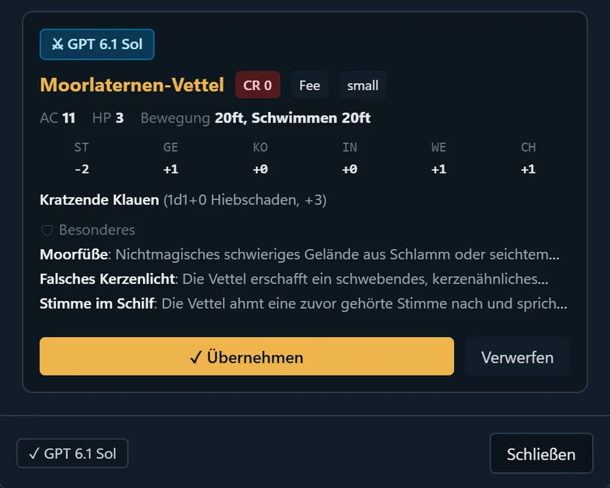 Ergebnis der Schmiede von Enhanced DM: ein Werteblock für eine Moorlaternen-Vettel mit Attributen, einem Angriff und drei Besonderheiten