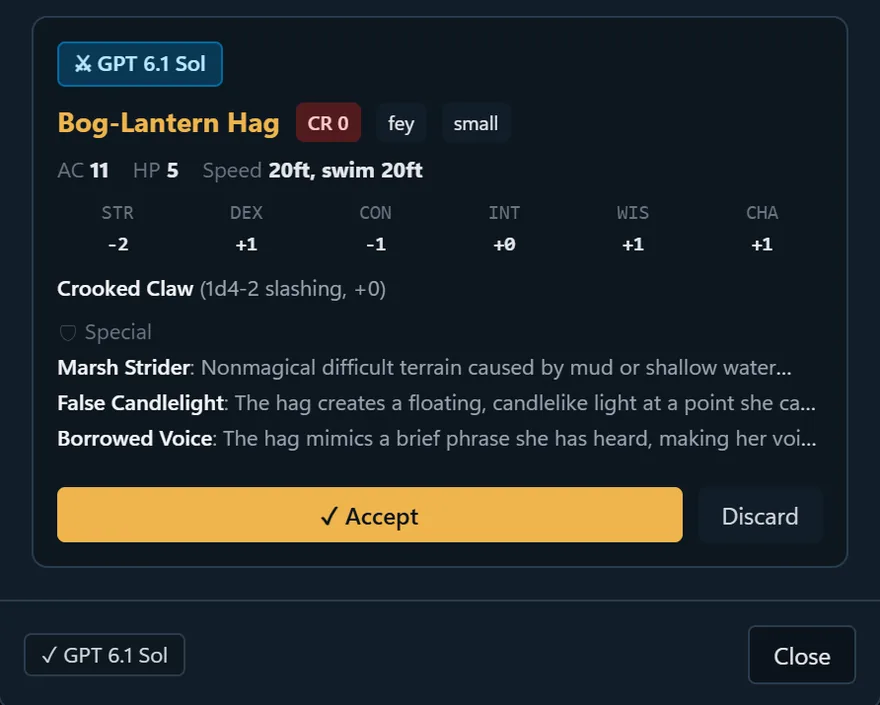 Enhanced DM forge result: a stat block for a Bog-Lantern Hag with ability scores, an attack and three special traits