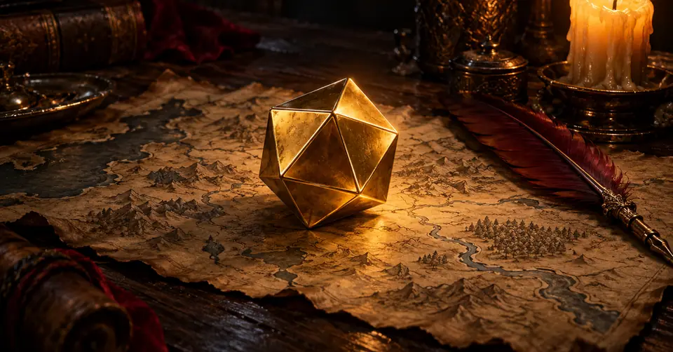 A golden twenty-sided die on an old parchment map by candlelight